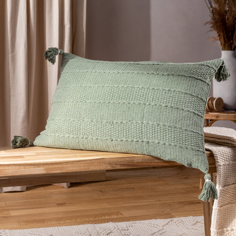 Striped Green Cushions - Caliche Textured Tasselled Cushion Cover Eucalyptus Yard