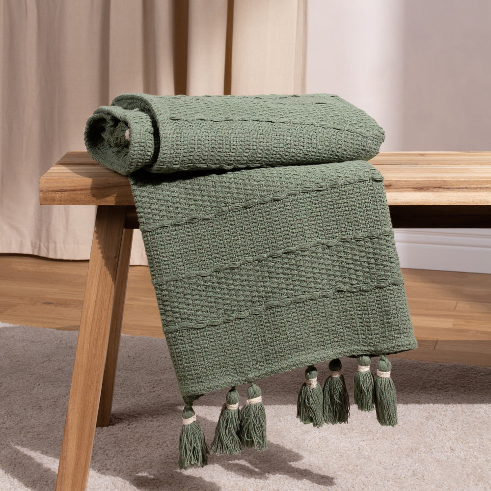 Plain Green Throws - Caliche Woven Tasselled Throw Khaki Yard