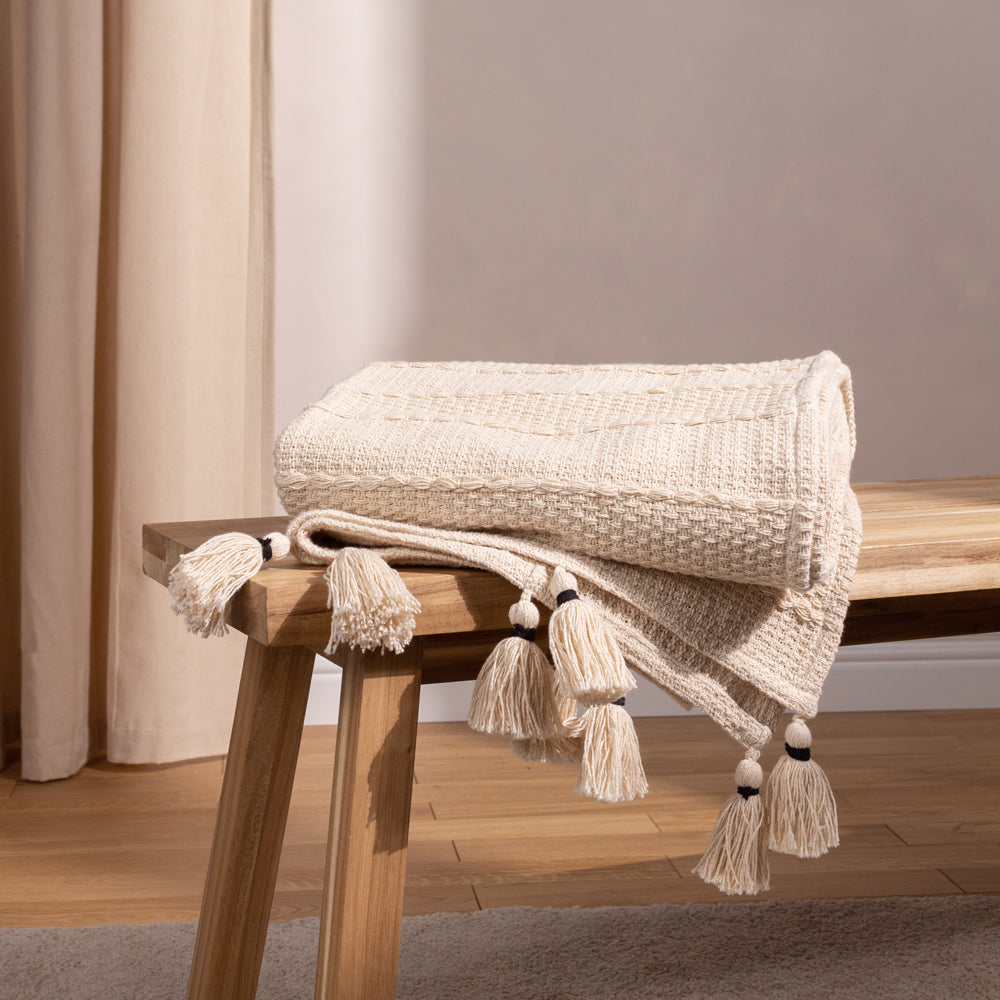 Plain Beige Throws - Caliche Woven Tasselled Throw Natural Yard