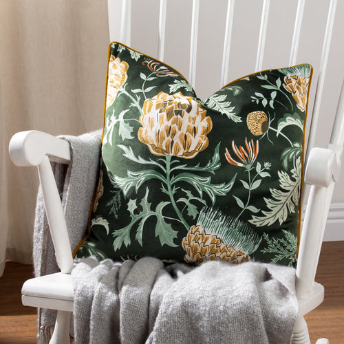 Floral Green Cushions - Chatsworth Artichoke Velvet Piped Cushion Cover Bottle Evans Lichfield