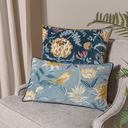 Floral Blue Cushions - Chatsworth Artichoke Velvet Piped Cushion Cover Midnight Evans Lichfield