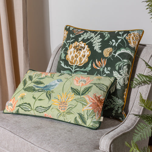 Floral Green Cushions - Chatsworth Aviary Piped Cushion Cover Sage Evans Lichfield