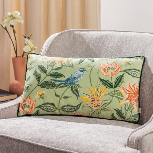 Floral Green Cushions - Chatsworth Aviary Piped Cushion Cover Sage Evans Lichfield