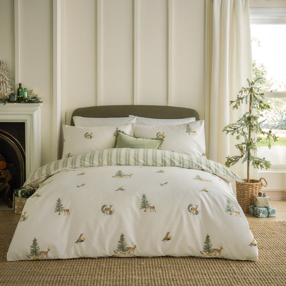 Striped Green Bedding  - Charlecote Printed 100% Cotton Duvet Cover Set Green/Natural Wylder