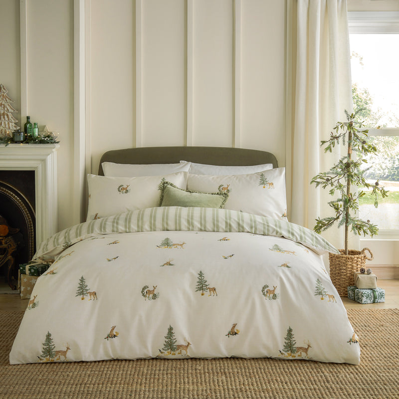 Striped Green Bedding  - Charlecote Printed 100% Cotton Duvet Cover Set Green/Natural Wylder
