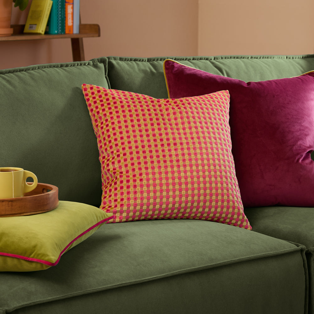 Checkered Velvet Cushion Hot Pink