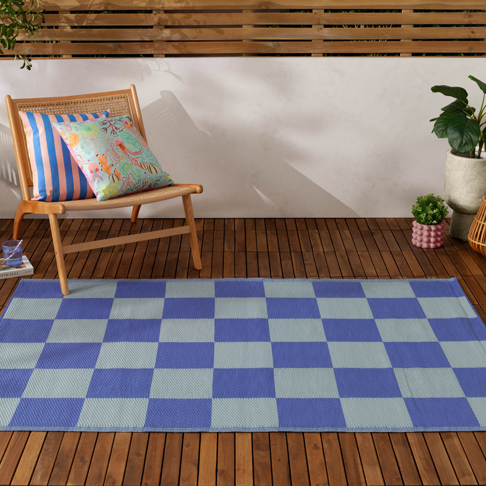 Checkerboard 120x180cm Outdoor Rug Blue