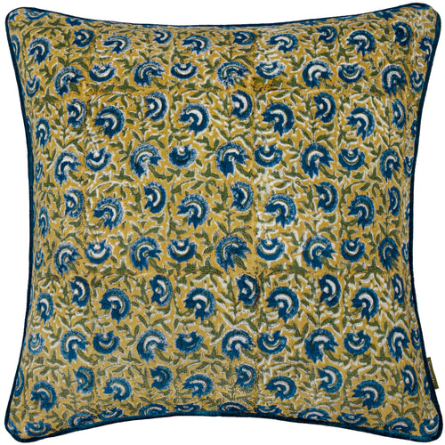 Floral Yellow Cushions - Chedworth Piped Velvet Cushion Cover Lemon/True Blue Paoletti - Seventy Three