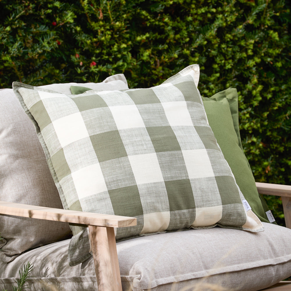 Check Green Cushions - Chesil Check 100% Cotton Outdoor Cushion Cover Moss Yard