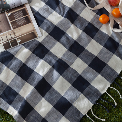 Check Cream Throws - Chesil Check Tasselled 100% Cotton  Throw Moss Yard