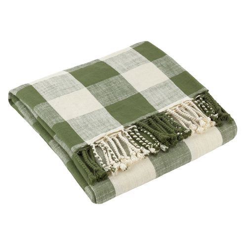 Check Cream Throws - Chesil Check Tasselled 100% Cotton  Throw Moss Yard