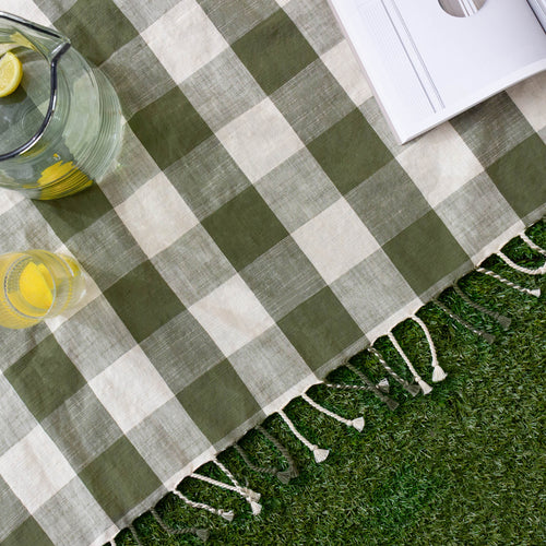 Chesil Check Tasselled 100% Cotton Throw Moss