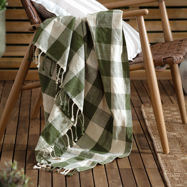 Chesil Check Cream Tasselled 100% Cotton Throw | Moss Throws | Yard ...