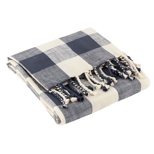 Check Cream Throws - Chesil Check Tasselled 100% Cotton  Throw Navy Yard