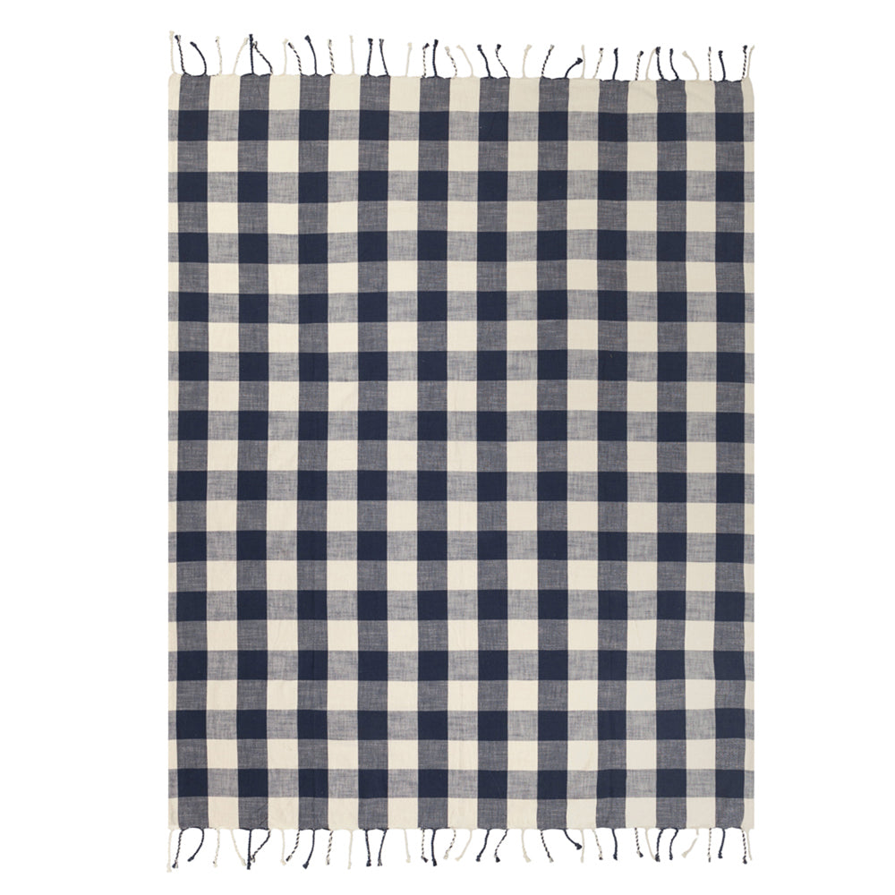 Chesil Check Tasselled 100% Cotton Throw Navy