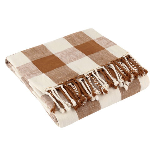 Check Cream Throws - Chesil Check Tasselled 100% Cotton  Throw Pecan Yard