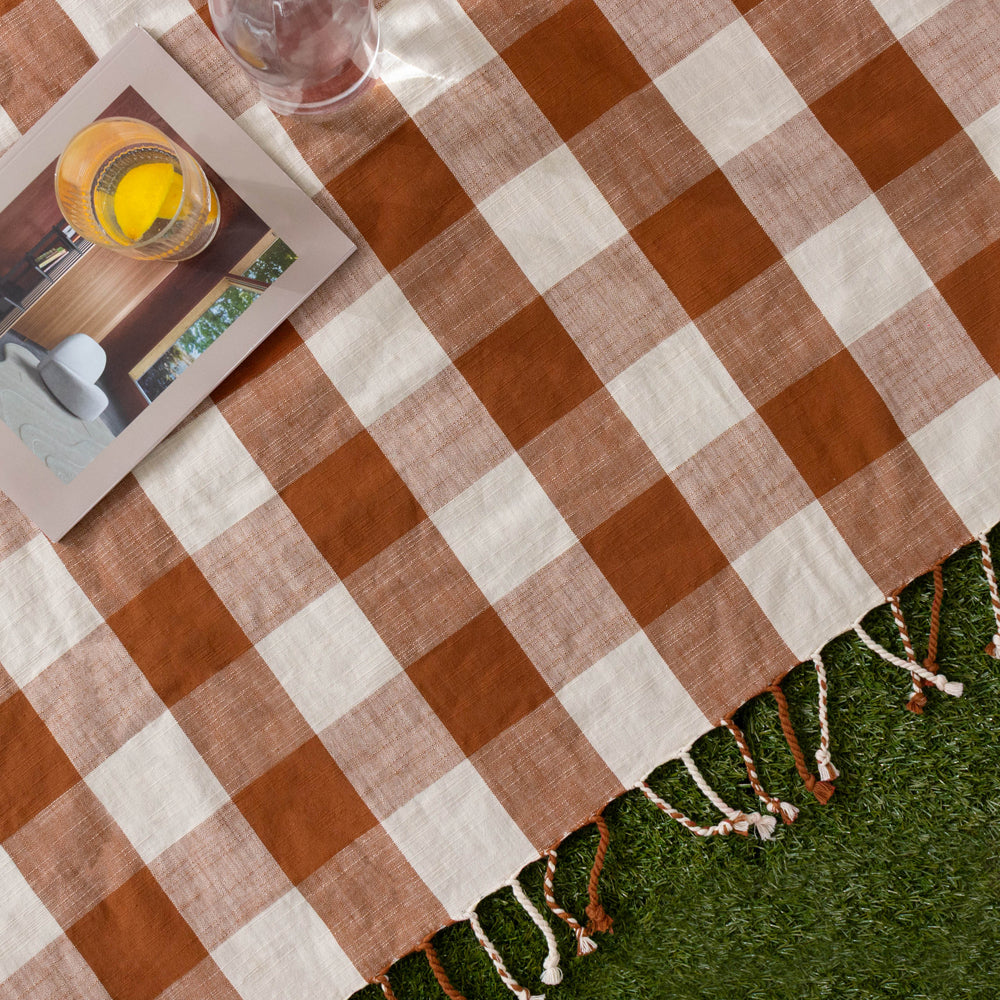Chesil Check Tasselled 100% Cotton Throw Pecan