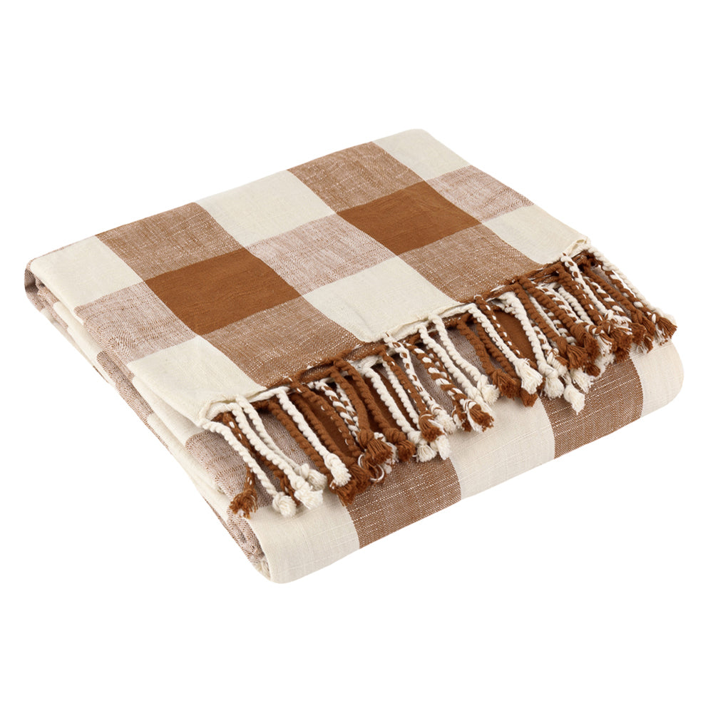 Chesil Check Tasselled 100% Cotton Throw Pecan