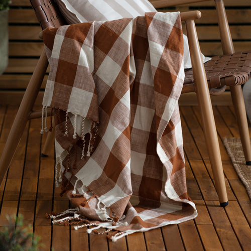 Check Cream Throws - Chesil Check Tasselled 100% Cotton  Throw Pecan Yard