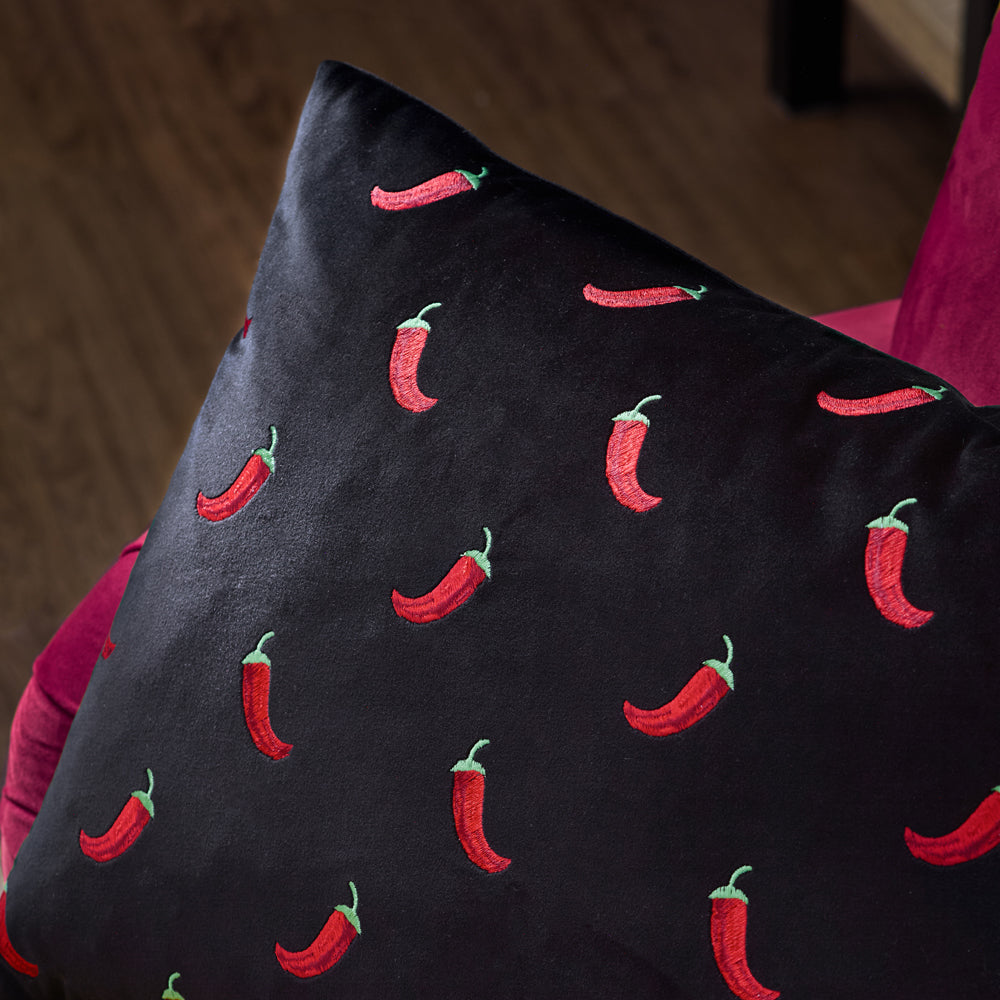 Chillies Embroidered Cushion Black