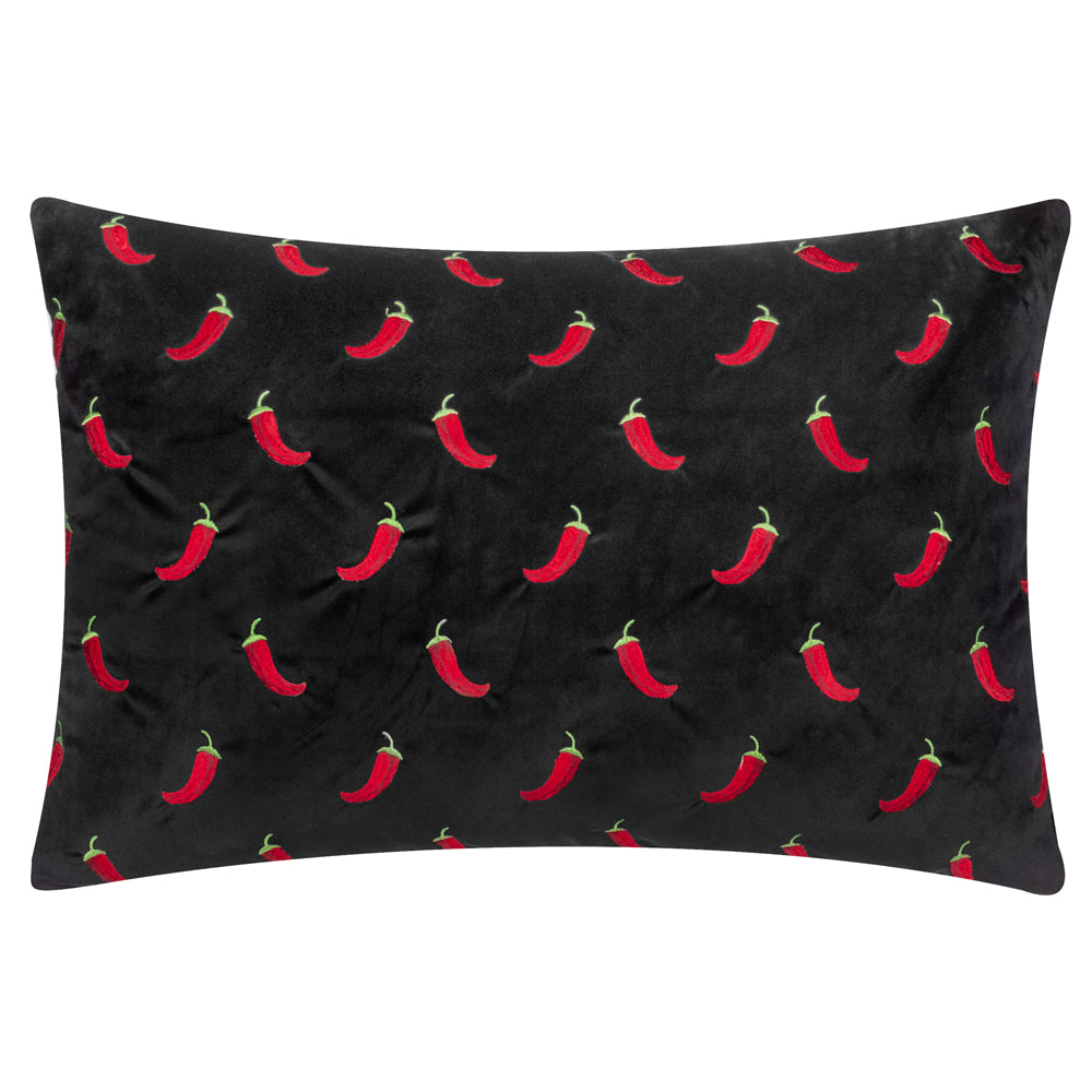 Chillies Embroidered Cushion Black