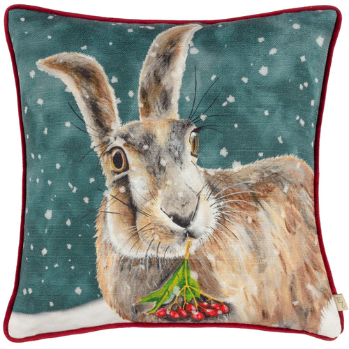Animal Green Cushions - Christmas Hare Cushion Cover Teal Evans Lichfield
