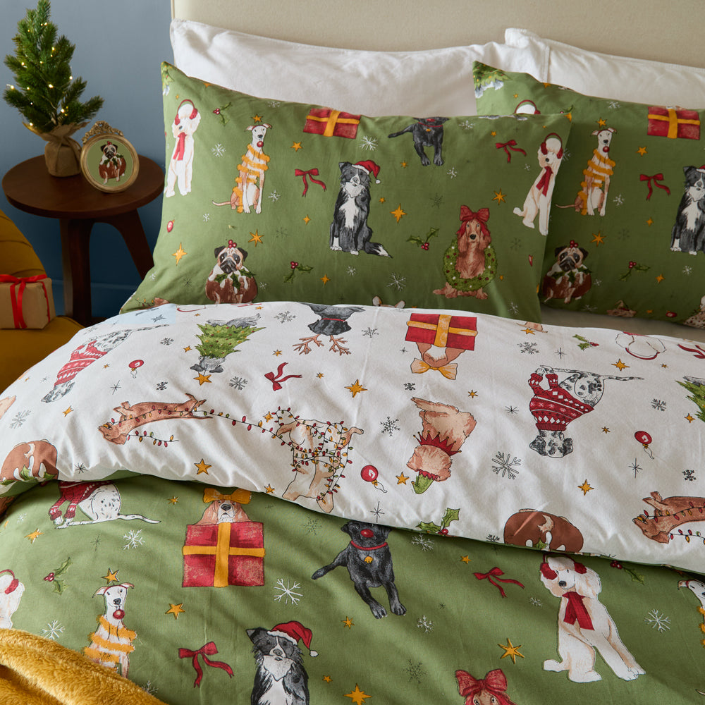 Christmas Pawty Reversible Duvet Cover Set Green