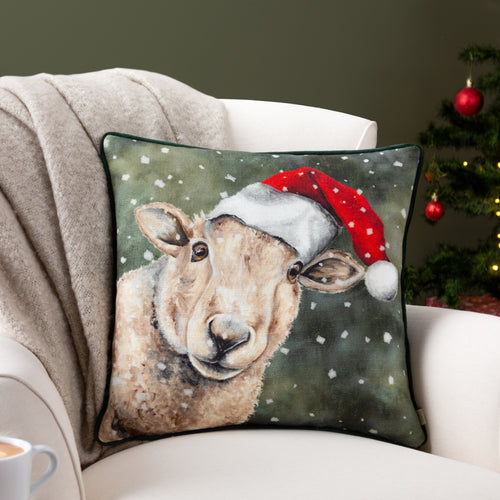 Animal Green Cushions - Christmas Sheep Cushion Cover Forest Green Evans Lichfield