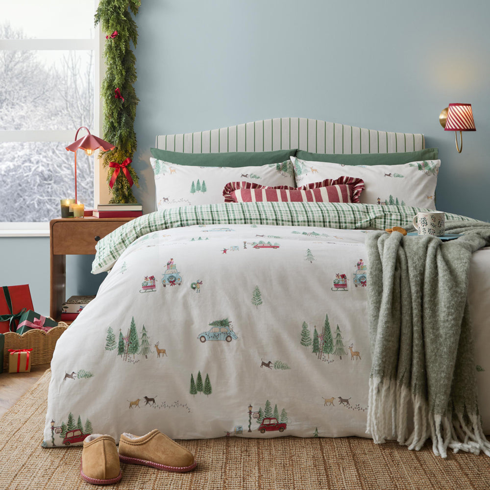 Woodland Cream Bedding - Christmas Tree Lane 100% Cotton Duvet Cover Set Natural/Sage Wylder