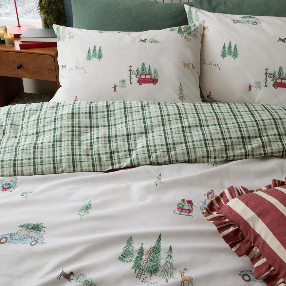 Christmas Tree Lane 100% Cotton Duvet Cover Set Natural/Sage