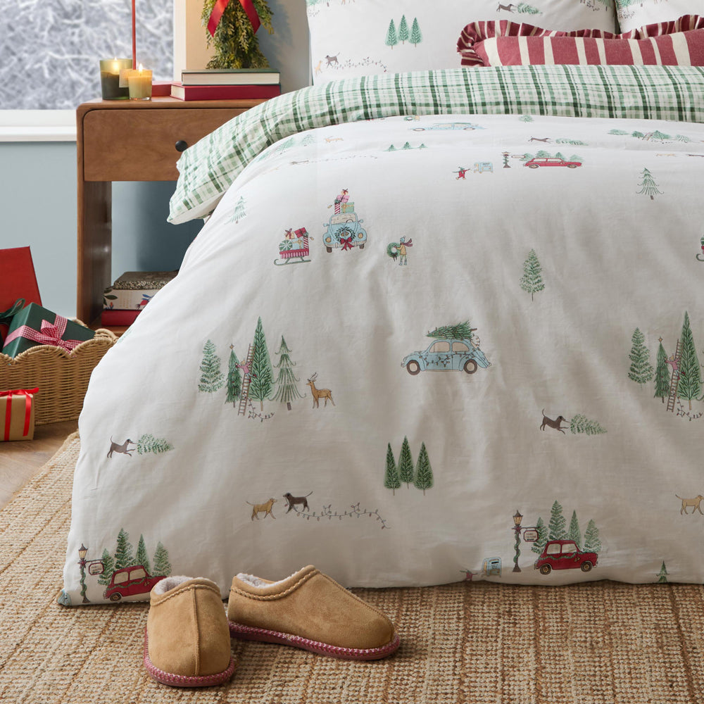 Christmas Tree Lane 100% Cotton Duvet Cover Set Natural/Sage