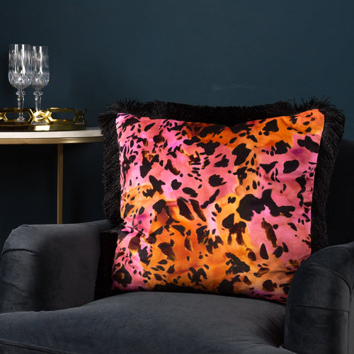 Animal Pink Cushions - Colette Animal Printed Satin Fringed  Cushion Cover Rouge Paoletti