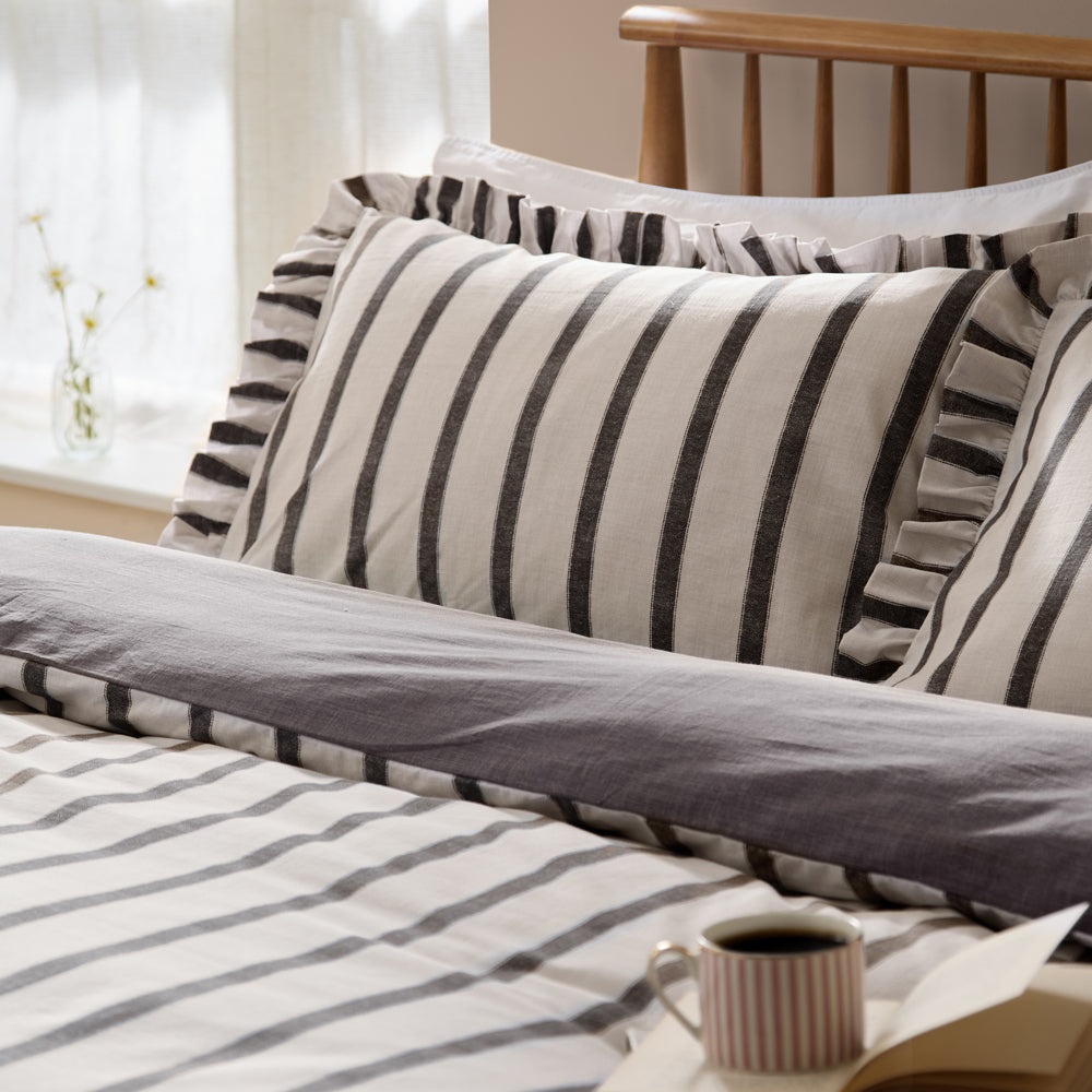 Connie Striped Ruffle Duvet Cover Set Chocolate