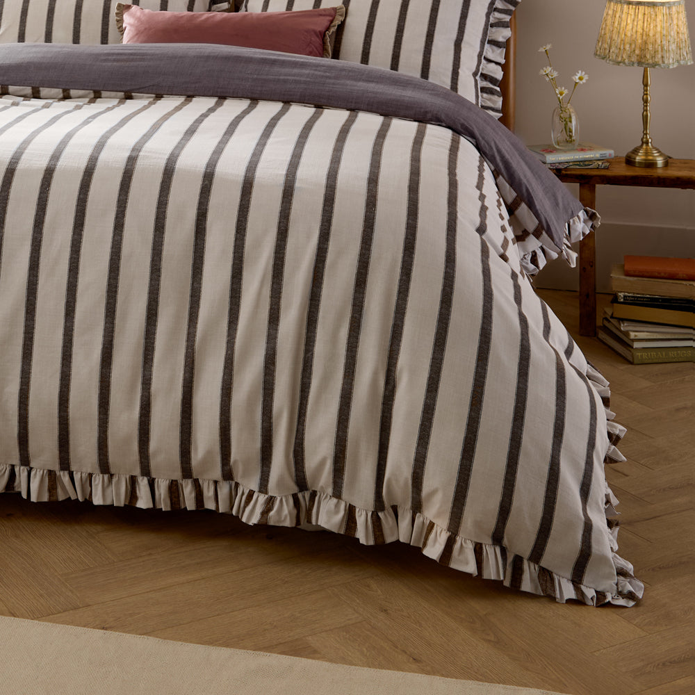 Connie Striped Ruffle Duvet Cover Set Chocolate