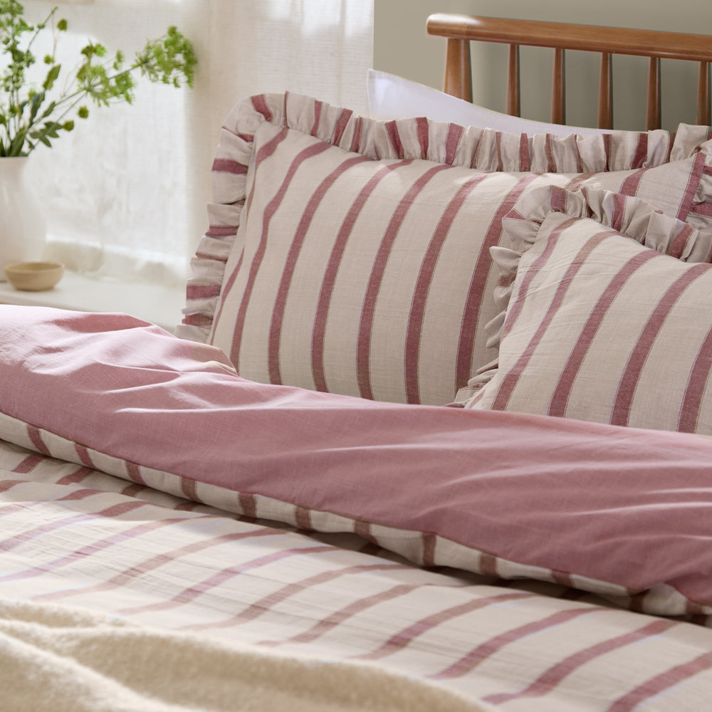 Connie Striped Ruffle Duvet Cover Set Clay Pink