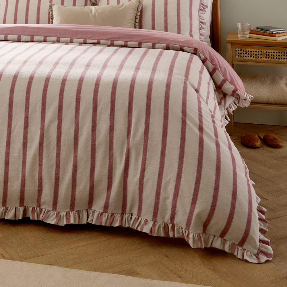 Connie Striped Ruffle Duvet Cover Set Clay Pink