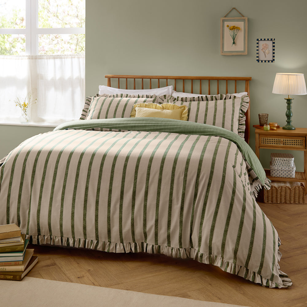 Striped Green Bedding - Connie Striped Ruffle Duvet Cover Set Moss Wylder
