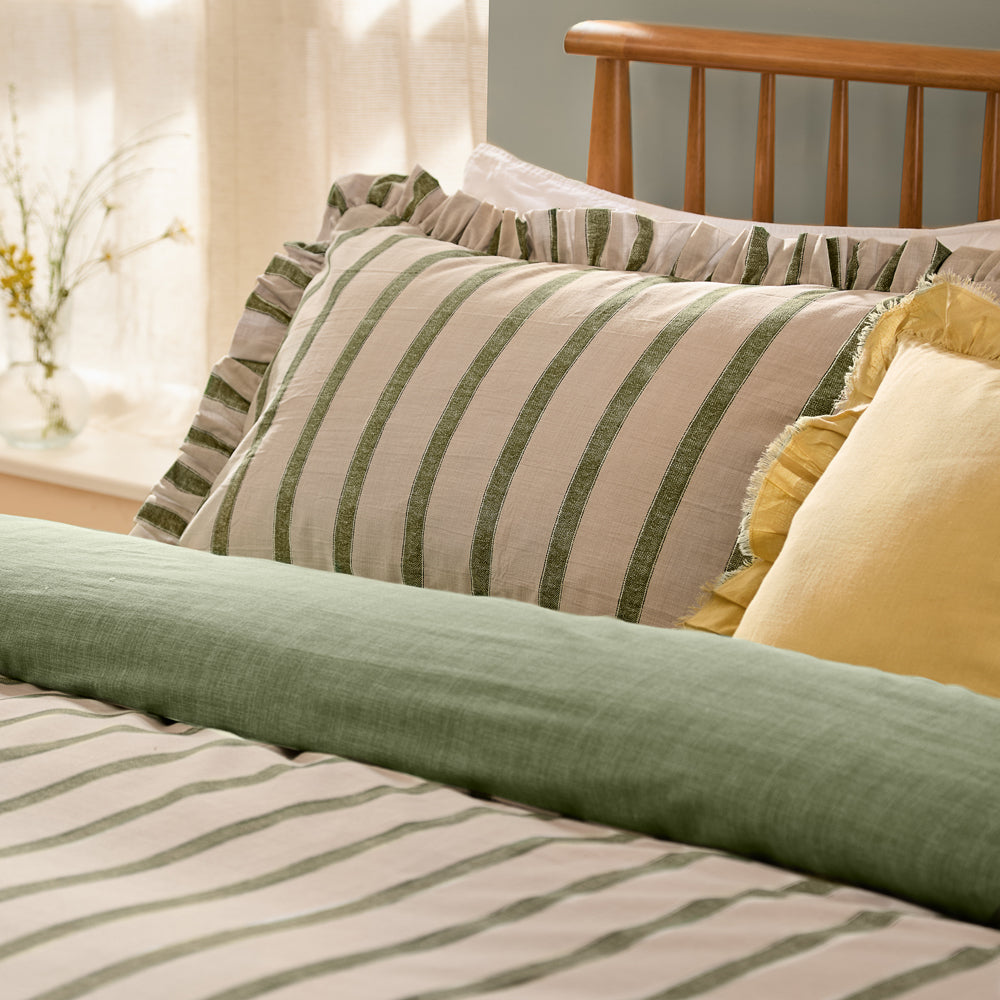 Connie Striped Ruffle Duvet Cover Set Moss