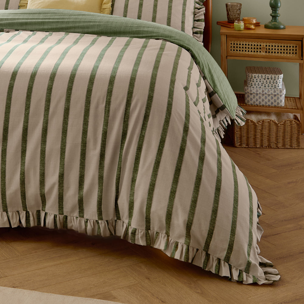 Connie Striped Ruffle Duvet Cover Set Moss