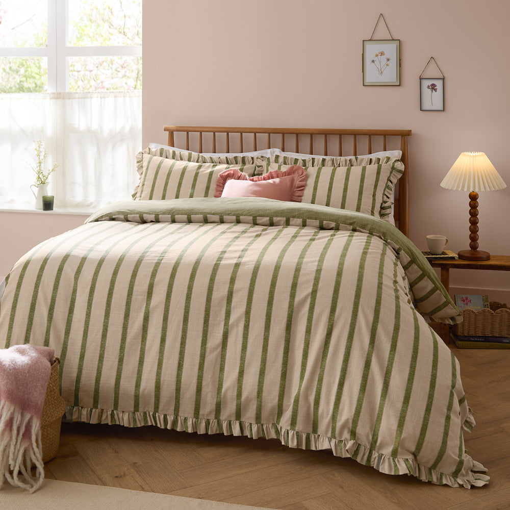 Striped Green Bedding - Connie Striped Ruffle Duvet Cover Set Olive Wylder