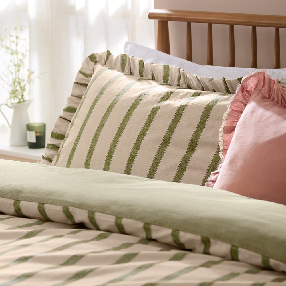 Connie Striped Ruffle Duvet Cover Set Olive