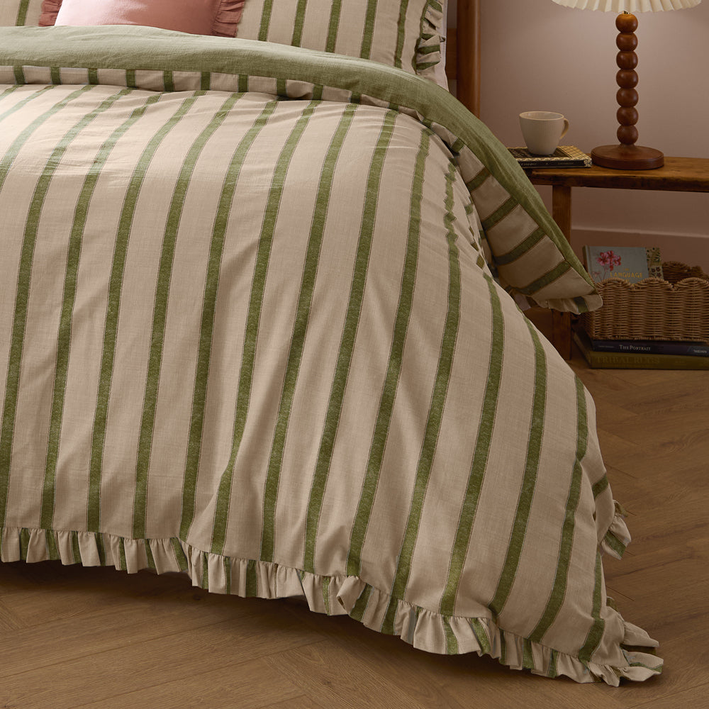 Connie Striped Ruffle Duvet Cover Set Olive