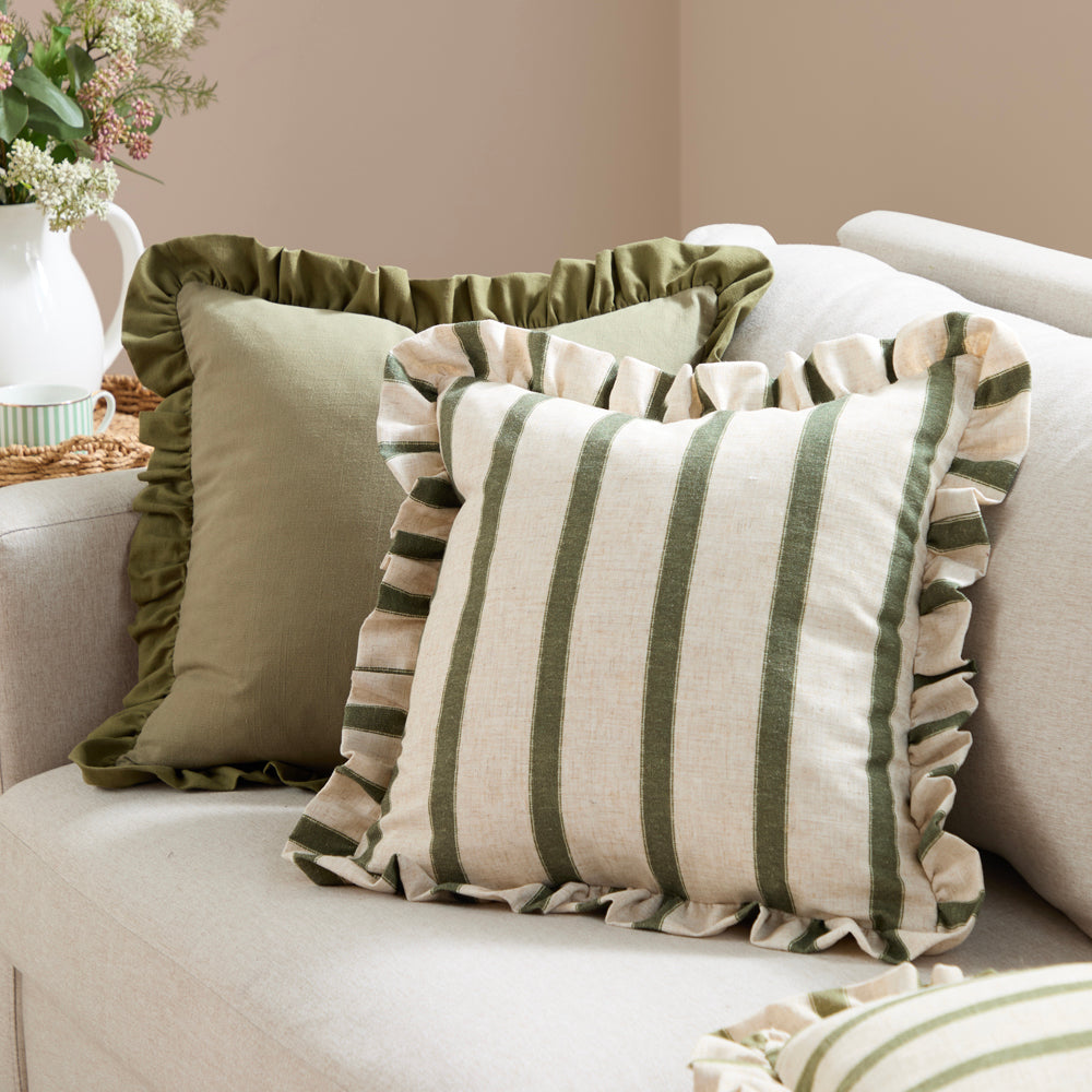 Connie Square Striped Ruffle Cushion Moss