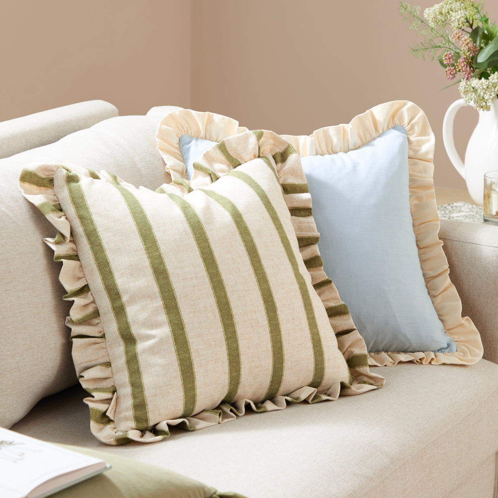 Connie Square Striped Ruffle Cushion Olive