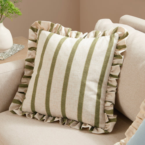 Striped Green Cushions - Connie Square Striped Ruffle Cushion Cover Olive Wylder