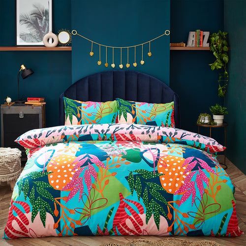 Jungle Blue Bedding - Coralina Tropical Palm Duvet Cover Set Aqua/Pink furn.