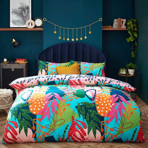 Jungle Blue Bedding - Coralina Tropical Palm Duvet Cover Set Aqua/Pink furn.