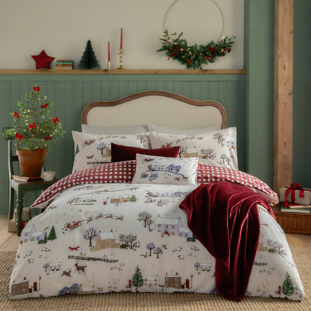 Check Cream Bedding  - Cotswold Christmas Printed Reversible Duvet Cover Set Cream/Burgundy Furn