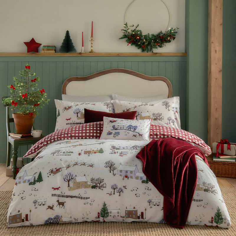 Check Cream Bedding  - Cotswold Christmas Printed Reversible Duvet Cover Set Cream/Burgundy Furn