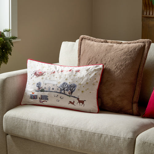 Cotswold Christmas Embroidered Velvet Cushion Cream/Burgundy
